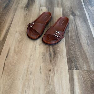 Anthropologie Brown Leather Buckle Slide Sandals Size 7